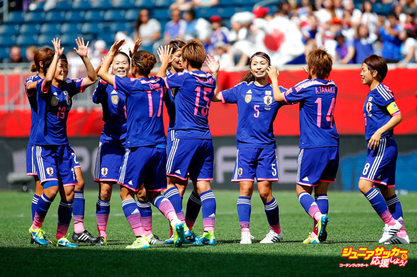 WINNIPEG, MB - JUNE 16:  Yuki Ogimi #17 of Japan celebrates her goal against Ecuador with teammates during the FIFA Women's World Cup Canada 2015 Group C match between Ecuador and Japan at Winnipeg Stadium on June 16, 2015 in Winnipeg, Canada.  (Photo by Kevin C. Cox/Getty Images)