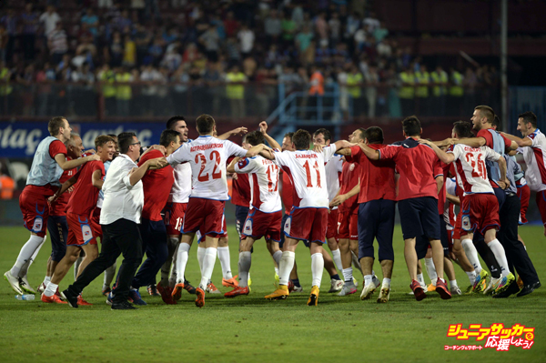 TRABZON, TURKEY - AUGUST 6:  Players of Rabotnicki celebrate after scoring a goal during the UEFA Europa League 3rd qualifying round second leg match between Trabzonspor and Rabotnicki at Huseyin Avni Aker Stadium in Trabzon, Turkey on August 6, 2015. (Photo by Hakan Burak Altunoz/Anadolu Agency/Getty Images)