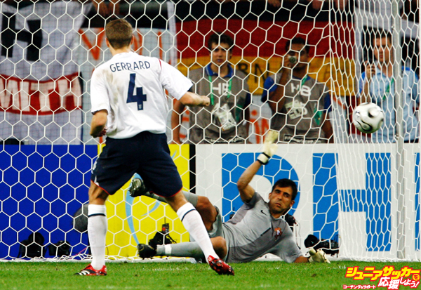 GELSENKIRCHEN, GERMANY - JULY 01: Steven Gerrard of England has his penalty saved by Ricardo of Portugal in a penalty shootout during the FIFA World Cup Germany 2006 Quarter-final match between England and Portugal played at the Stadium Gelsenkirchen on July 1, 2006 in Gelsenkirchen, Germany. (Photo by Clive Mason/Getty Images)
