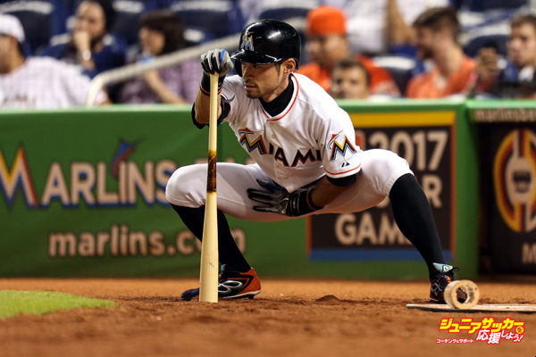 MIAMI, FL - JUNE 11: Ichiro Suzuki #51 of the Miami Marlins stretches before an at bat during the eighth inning of the game against the Colorado Rockies at Marlins Park on June 11, 2015 in Miami, Florida.  (Photo by Rob Foldy/Getty Images)
