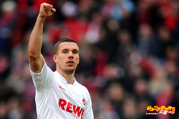 COLOGNE, GERMANY - FEBRUARY 25:  Lukas Podolski of Koeln gestures infront of the Leverkusen fans during the Bundesliga match between 1. FC Koeln and Bayer 04 Leverkusen at RheinEnergieStadion on February 25, 2012 in Cologne, Germany.  (Photo by Lars Baron/Bongarts/Getty Images)