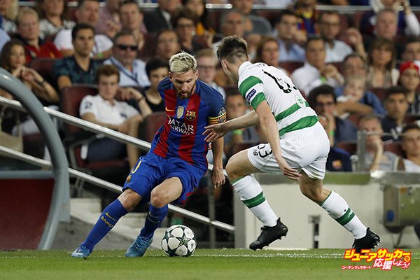 (L-R) Lionel Messi of FC Barcelona, Kieran Tierney of Celtic FCduring the UEFA Champions League group C match between FC Barcelona and Celtic on September 13, 2016 at the Camp Nou stadium in Barcelona, Spain.(Photo by VI Images via Getty Images)