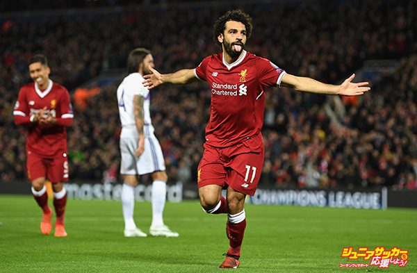 LIVERPOOL, ENGLAND - NOVEMBER 01:  Mohamed Salah of Liverpool celebrates scoring his sides first goal during the UEFA Champions League group E match between Liverpool FC and NK Maribor at Anfield on November 1, 2017 in Liverpool, United Kingdom.  (Photo by Michael Regan/Getty Images)
