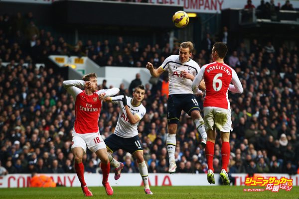 LONDON, ENGLAND - FEBRUARY 07: Harry Kane of Tottenham Hotspur heads the winning goal during the Barclays Premier League match between Tottenham Hotspur and Arsenal at White Hart Lane on February 7, 2015 in London, England.  (Photo by Clive Rose/Getty Images)